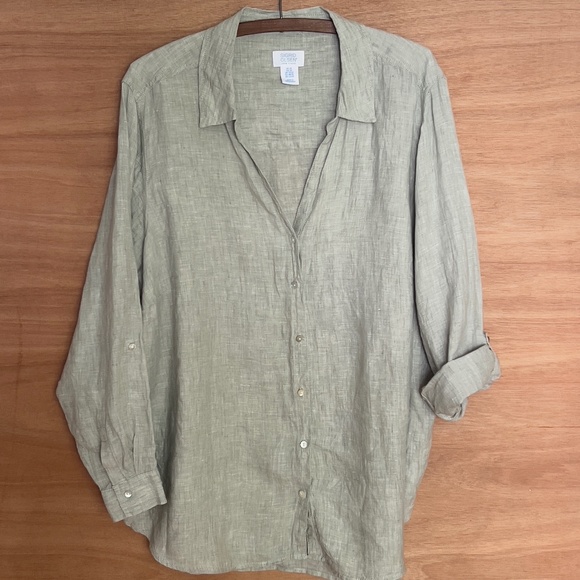 Sigrid Olsen 100% linen button up shirt 2X green roll tab sleeves minimalist - Picture 1 of 6